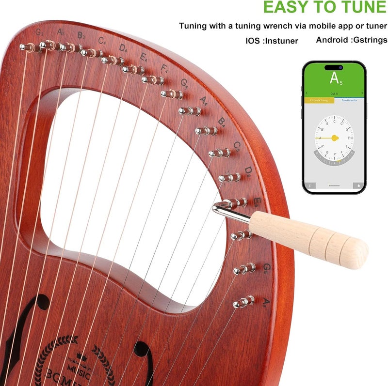 BGMUSER Lyre Harp 16 Metal Strings,Mahogany Body and Copper Saddle,Professional Mini Harp Instrument Gift with Bag,Tuning Wrench,Spare Strings - Image 4